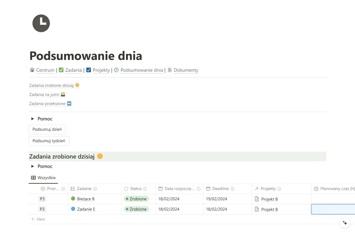 Podsumowanie Dnia | Szablon Notion od Fibon Ekran Podsumowania Dnia w Notion z zadaniami ukończonymi.