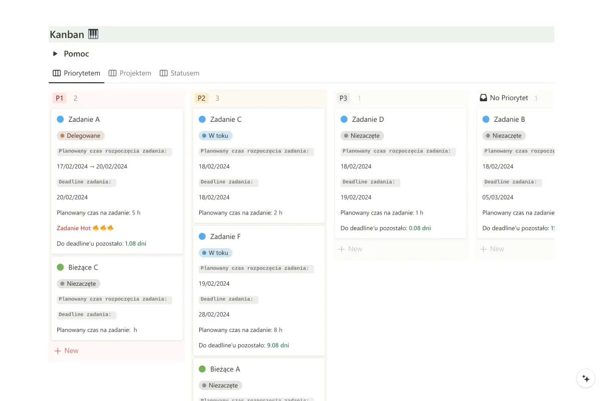 Tablica Kanban w Szablonie Notion - grupowanie priorytetem, projektami lub statusem | Szablon Notion od Fibon Widok tablicy Kanban w Notion z zadaniami uporządkowanymi według priorytetu i z mozliwością przełączenia się na uporządkowanie według projektów lub statusów.