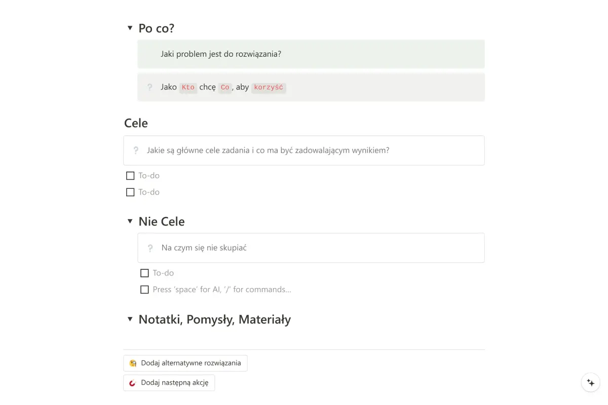 Predefiniowane Template Zadań i Projektów | Szablon Notion od Fibon Szablon z sekcjami celów, nie-celów, notatek i pomysłów w Notion.