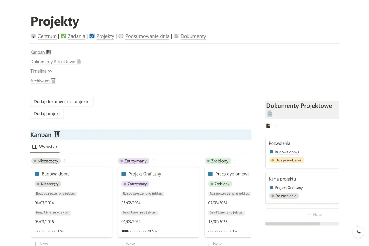 Zarządzaj Projektami na odzielnej stronie | Szablon Notion od Fibon Widok Kanban dla projektów w Notion z różnymi statusami projektów.