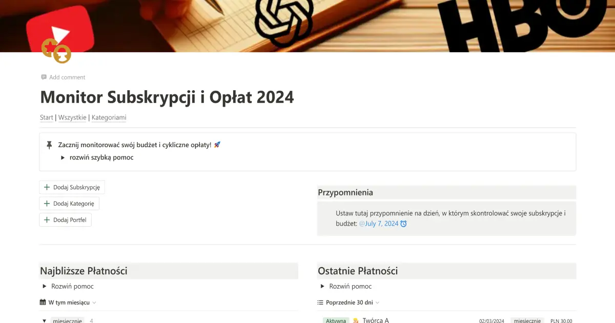 Monitor Subskrypcji i Opłat darmowy szablon