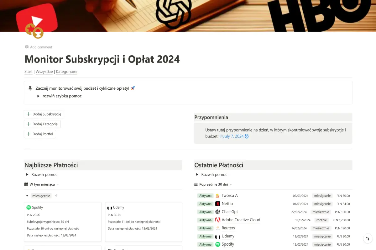 Strona interfejsu "Monitor Subskrypcji i Opłat 2024" w Notion, pokazująca opcje zarządzania finansami osobistymi i subskrypcjami z przypomnieniami i najbliższymi płatnościami.