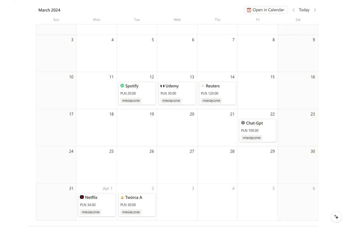 Kalendarz na marzec 2024 z zaznaczonymi datami płatności subskrypcji takich jak Spotify, Udemy, Reuters, Chat-Gpt, Netflix i Twórca A, z kwotami i częstotliwością płatności.