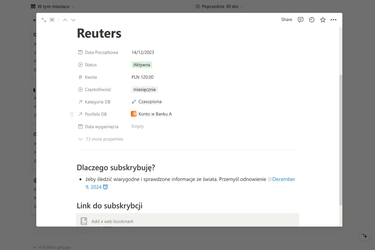 Szczegółowy widok subskrypcji agencji informacyjnej Reuters w Notion, z informacjami o statusie aktywności, kwocie, częstotliwości płatności, przypisanej kategorii i portfelu, a także motywacji dla subskrypcji.