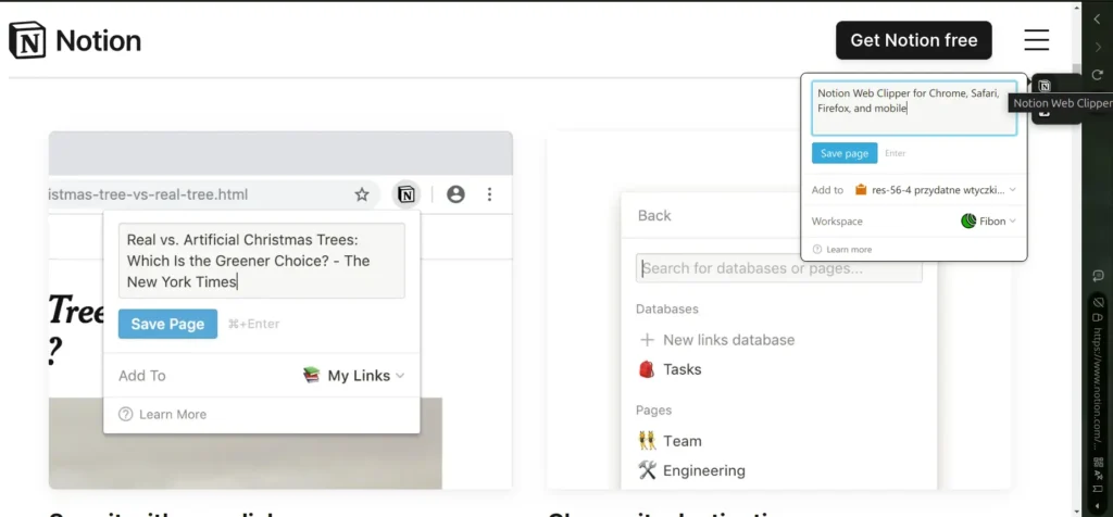 Interfejs Web Clipper pokazujący opcje zapisywania strony w Notion