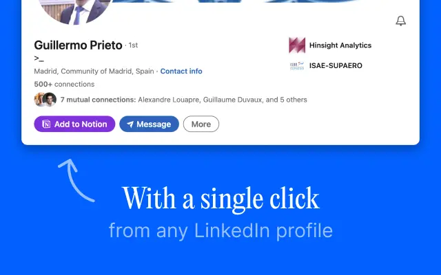 Interfejs People to Notion pokazujący proces zapisywania profilu LinkedIn