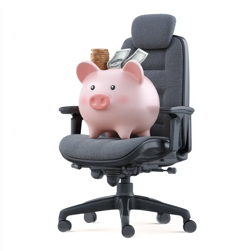 Różowa świnka skarbonka z banknotami i monetami na ergonomicznym fotelu.