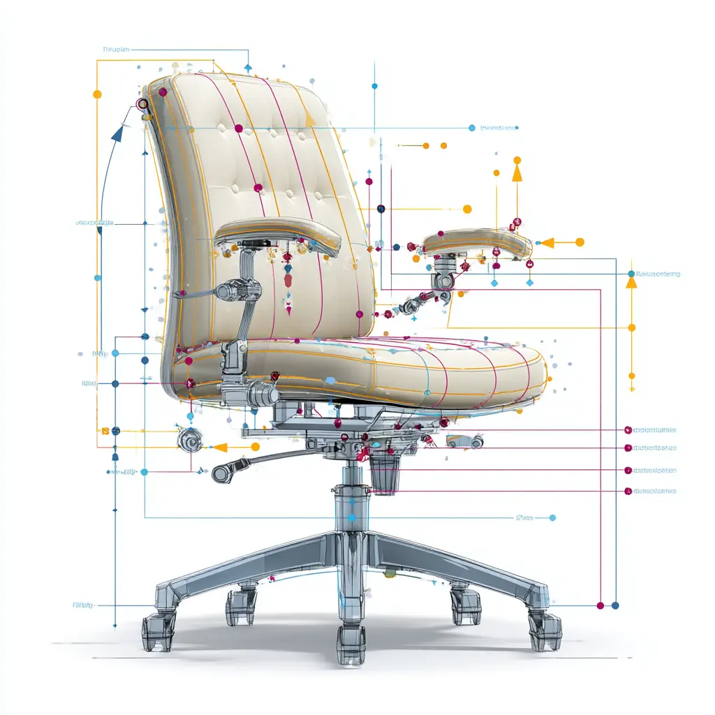 Ergonomiczny fotel z oznaczonymi punktami regulacji i badawczymi liniami.