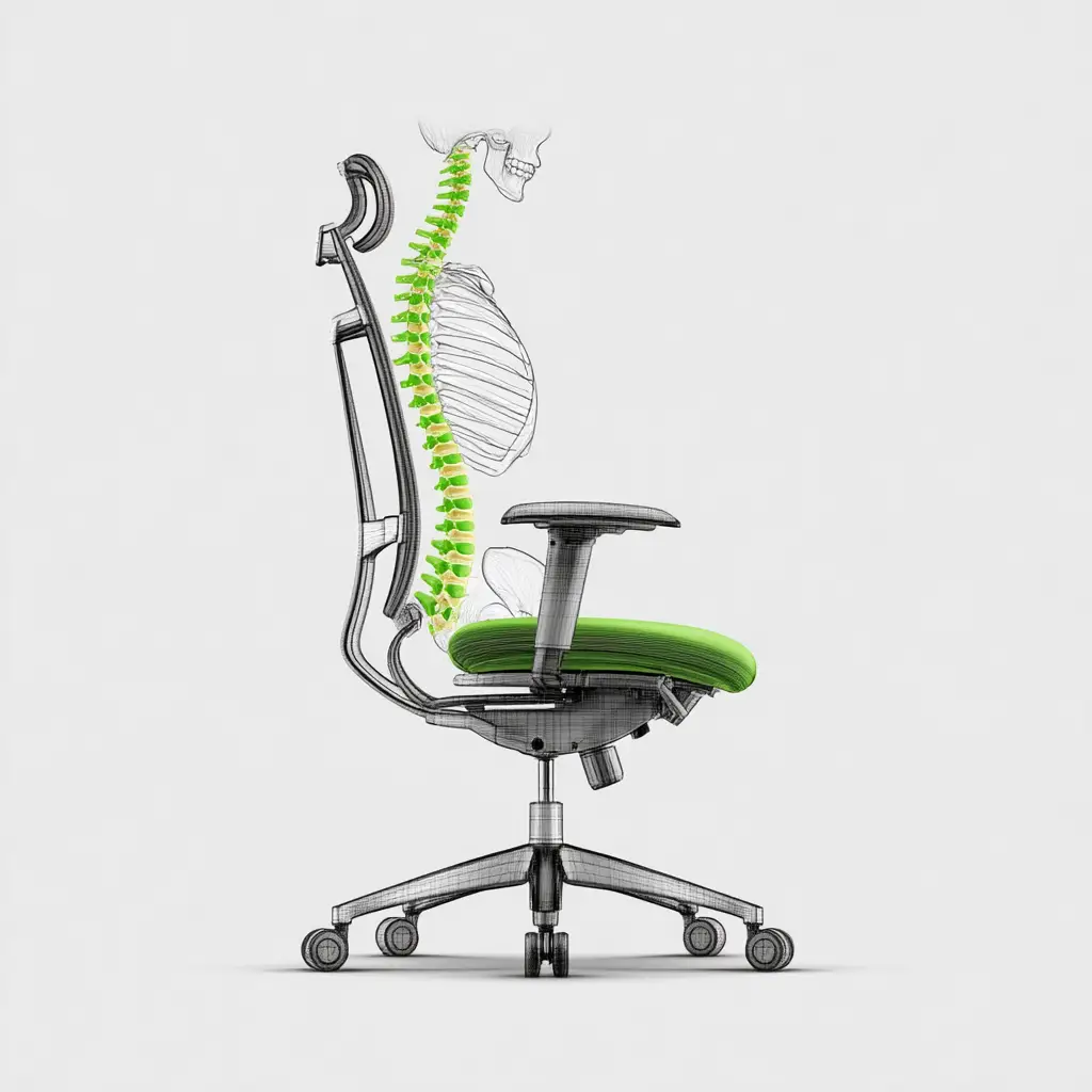 Przezroczysty rysunek ergonomicznego krzesła z zielonym kręgosłupem w środku.