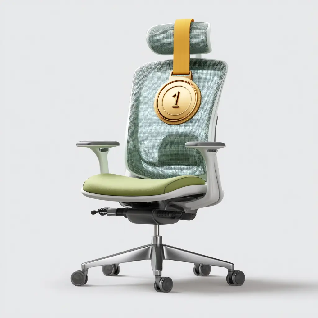 Nowoczesny ergonomiczny fotel z zawieszonym złotym medalem „1”