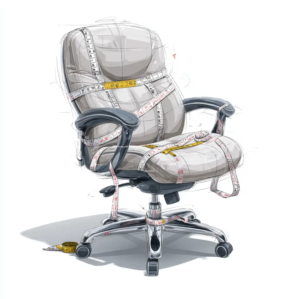 Ergonomiczny fotel z oznaczonymi punktami regulacji i badawczymi liniami.